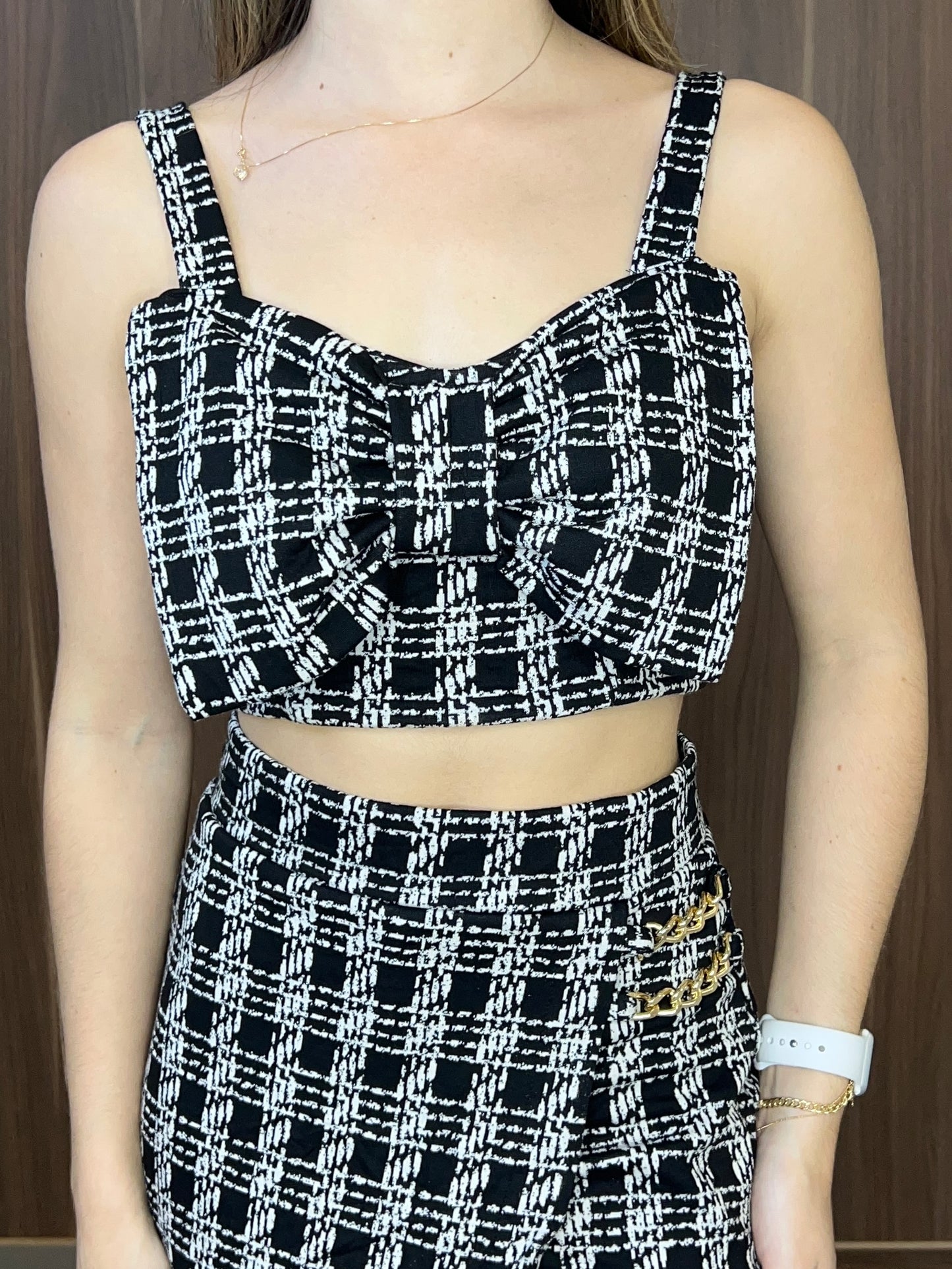 Top laço malha estampada