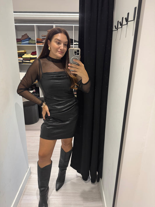 Vestido Feminino Couro Fake  Elegante