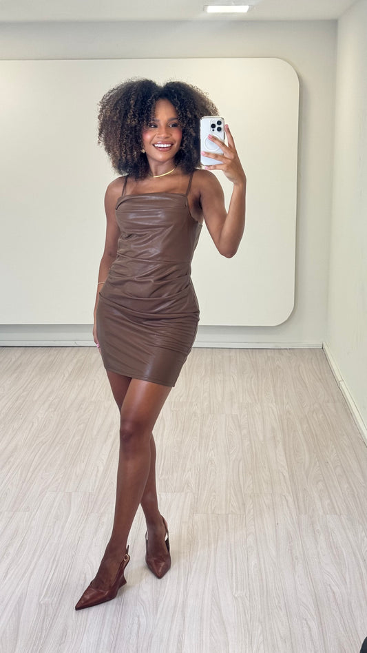 Vestido Feminino Couro Fake  Elegante